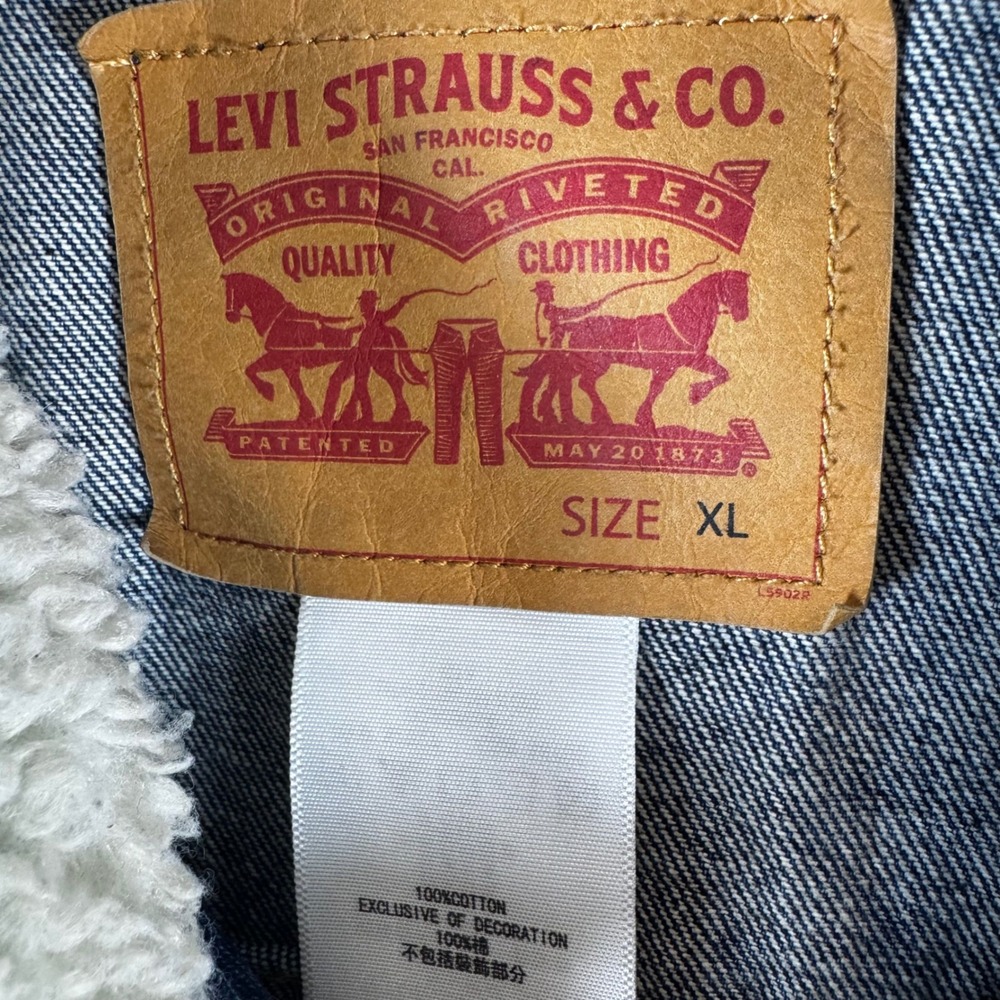 Levis Mens XL Denim Trucker Jacket Sherpa Collar Blue Full Zip Cotton Coat - Picture 4 of 6